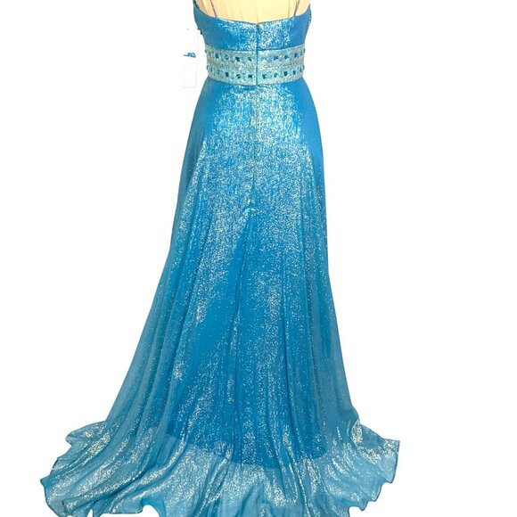Dazzling Metallic Blue Silk Gown Flowy Prom 0 Hoco Glam Pageant Jeweled Hi-Low - Picture 6 of 11